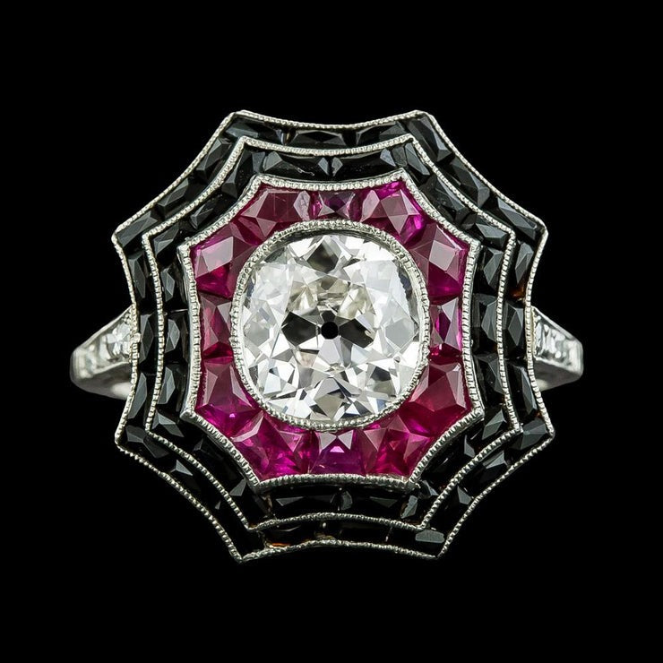 Halo Ring Old Cut  Real Diamond Bezel Black Onyx & Pink Sapphires 5 Carats - Halo Ring-harrychadent.ca