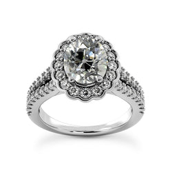 Halo Ring Old Cut Real Oval Diamonds Flower Style 6 Carats Split Shank