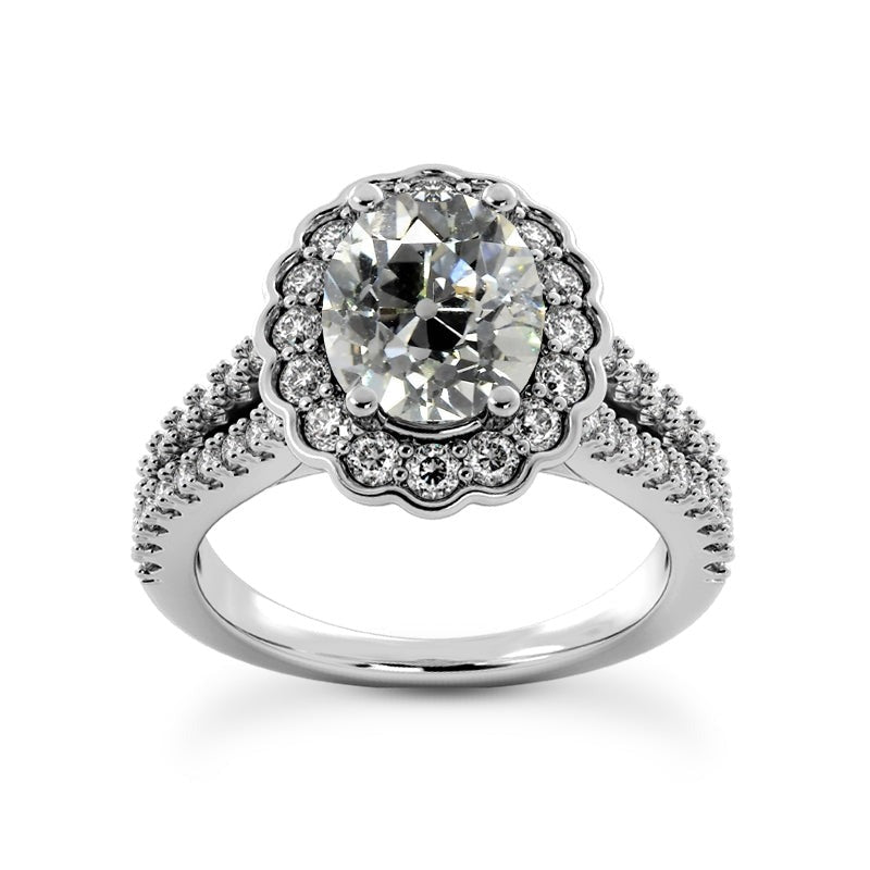 Halo Ring Old Cut Real Oval Diamonds Flower Style 6 Carats Split Shank