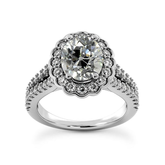 Halo Ring Old Cut Real Oval Diamonds Flower Style 6 Carats Split Shank