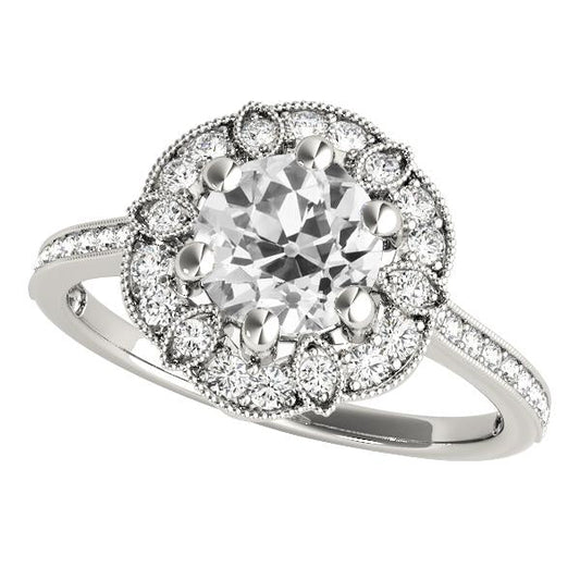 Halo Ring Old Cut Round Real Diamond 6 Prong Set 4.75 Carats Gold Milgrain