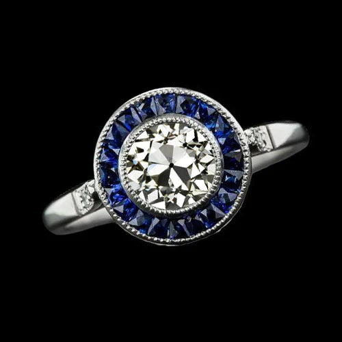 Halo Ring Old Cut Round Real Diamond & Baguette Sapphire Bezel Set 3 Carats