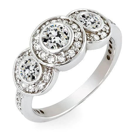 Halo Ring Old Mine Cut Real Diamond 3 Stone Style Bezel Set 5 Carats Gold