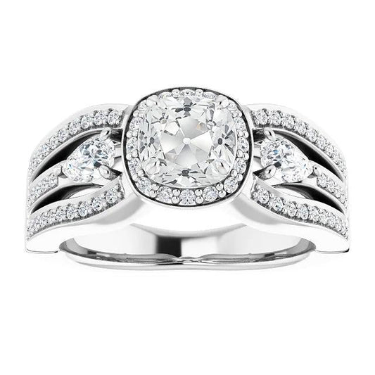 Halo Ring Pear & Cushion Old Cut Genuine Diamond 3 Stone Style 7 Carats