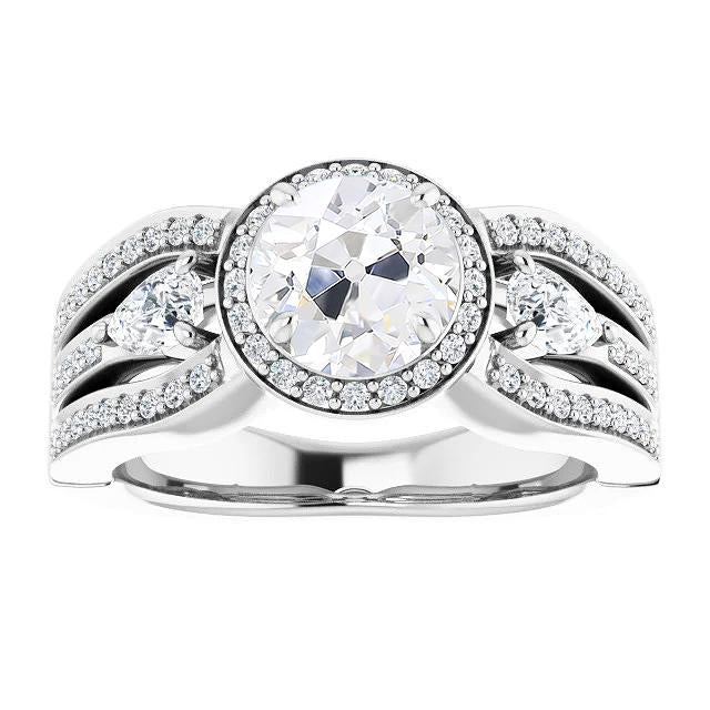 Halo Ring Pear & Round Old Cut Genuine Diamond Triple-Row Accents 5.50 Carats