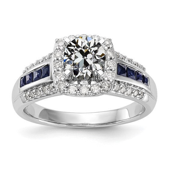 Halo Ring Real Old Mine Cut Diamond & Princess Blue Sapphires 3.75 Carats