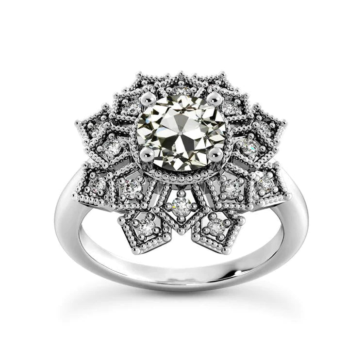 Halo Ring Round Old Cut Genuine Diamond Star Vintage Style 4.50 Carats