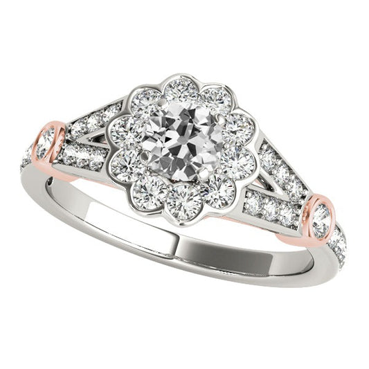 Halo Ring Round Old Cut Real Diamond Split Flower Style 4.25 Carats