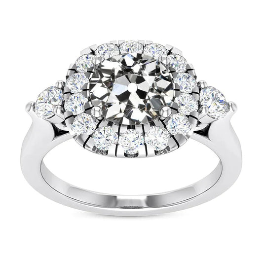 Halo Ring Round Old Mine Cut Genuine Diamond 14K White Gold 6.50 Carats