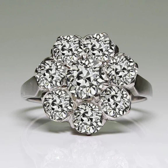 Halo Ring Round Old Mine Cut Genuine Diamond Flower Style 9 Carats Gold