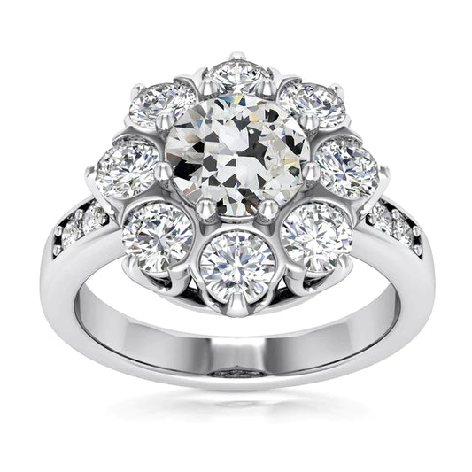 Halo Ring Round Old Mine Cut Real Diamond 8 Prong Set 8 Carats