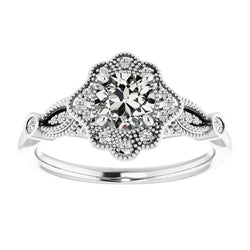 Halo Ring Round Old Mine Cut Real Diamond Milgrain Flower Style 2.50 Carats