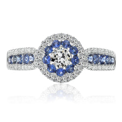 Halo Ring Round Old Miner Real Diamond & Ceylon Sapphire Ring 7 Carats