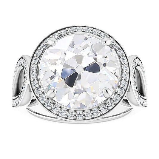 Halo Ring Round Real Old Cut Diamond Prong Set 9.50 Carats Split Shank