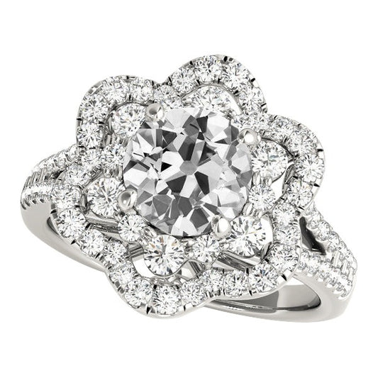 Halo Ring Round Real Old Cut Diamond Split Shank Pave Set 6.50 Carats