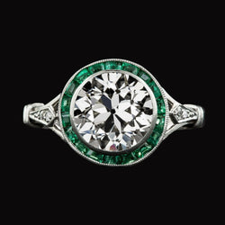 Halo Ring Round Real Old Mine Cut Diamond & Baguette Emerald 5 Carats