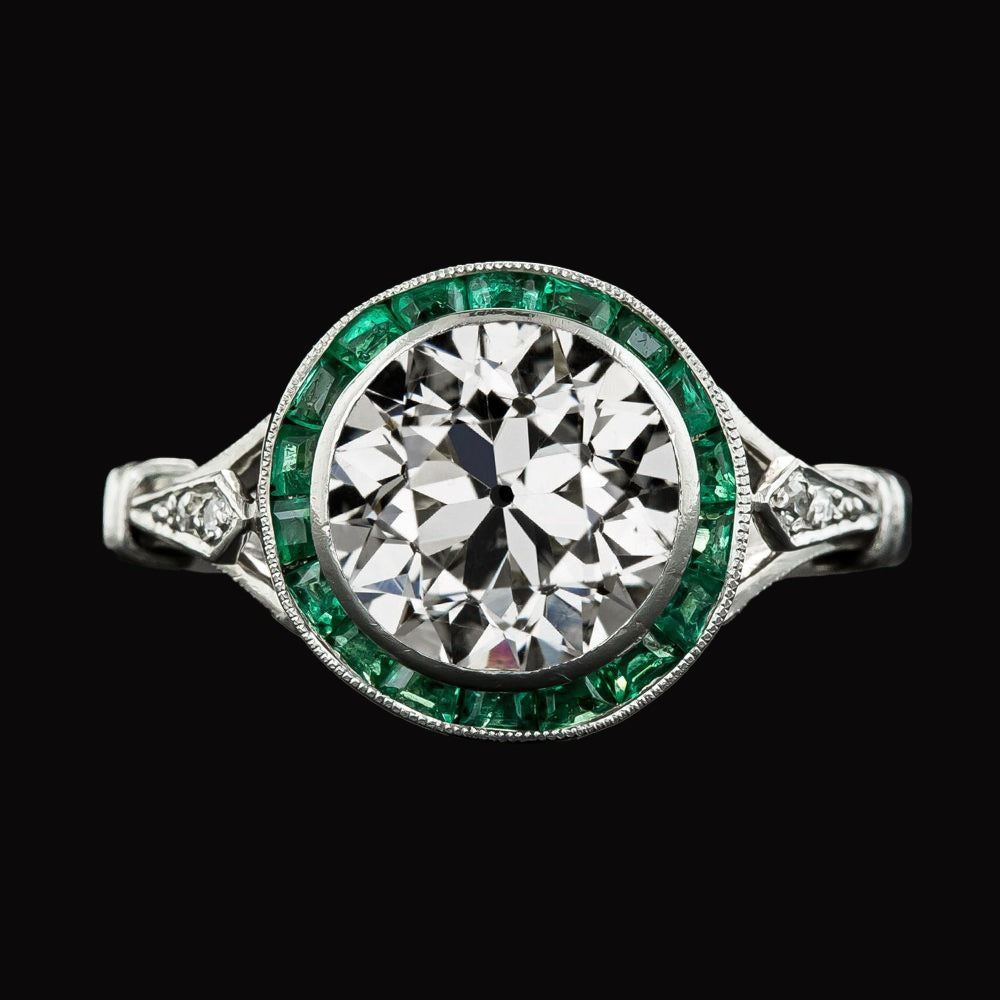 Halo Ring Round Real Old Mine Cut Diamond & Baguette Emerald 5 Carats