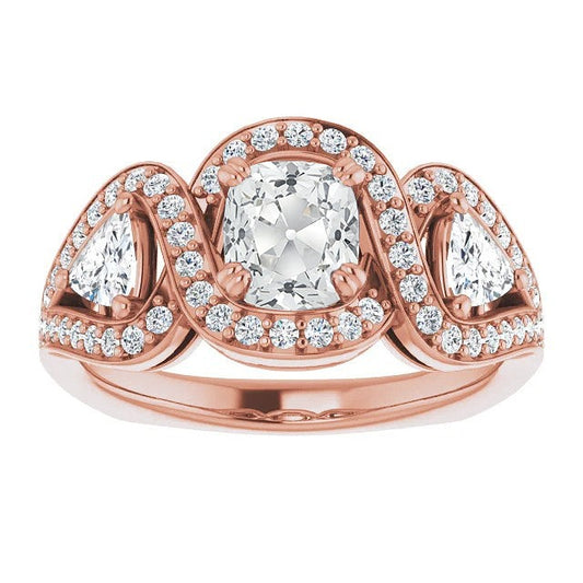 Halo Ring Trillion & Cushion Real Old Cut Diamond Twisted Style 8.25 Carats