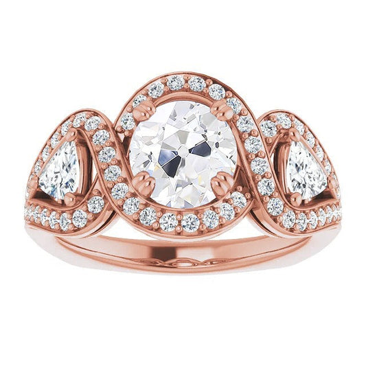 Halo Ring Trillion & Round Real Old Cut Diamonds Twisted Style 8 Carats