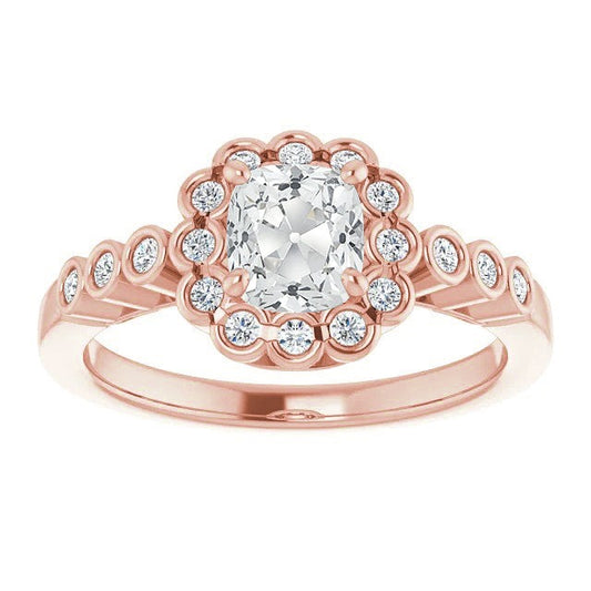 Halo Ring With Accents Real Cushion Old Cut Diamonds Bezel Set 6 Carats