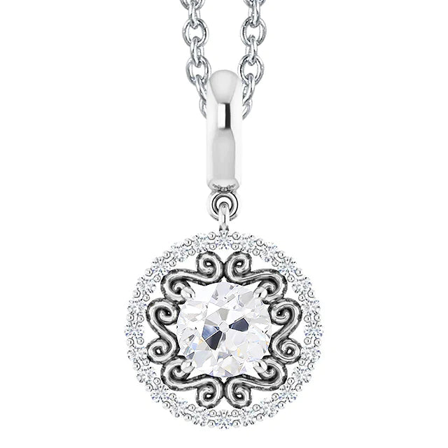 Halo Round Natural Diamond Pendant Old Mine Cut 2.50 Carats With Gold Chain