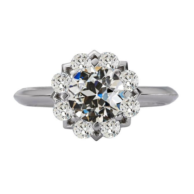 Halo Round Old Mine Cut Genuine Diamond Ring Flower Style 14K Gold 6 Carats