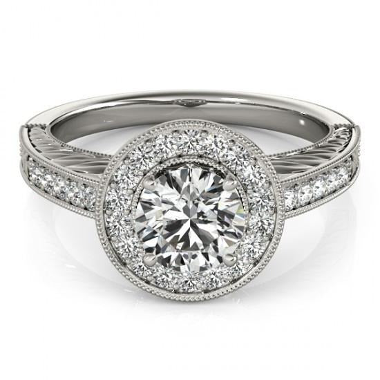 Halo Round Real Diamond Vintage Style Ring 1.25 Carat Engraved WG 14K - Halo Ring-harrychadent.ca