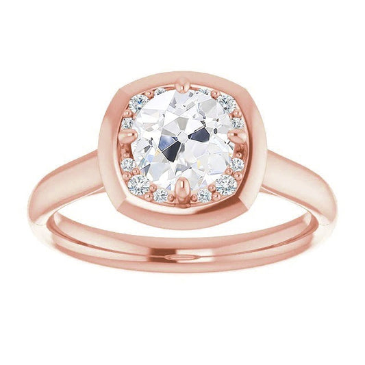 Halo Round Real Old Cut Diamond Ring Prong Set 3.25 Carats Rose Gold