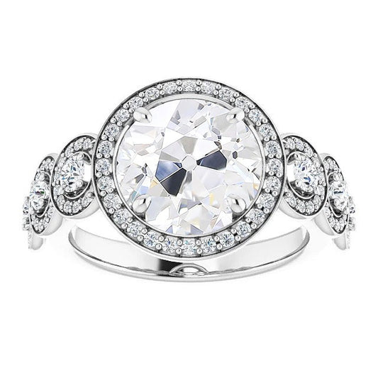 Halo Round Real Old Cut Diamond Ring With Accents Prong Set 10 Carats