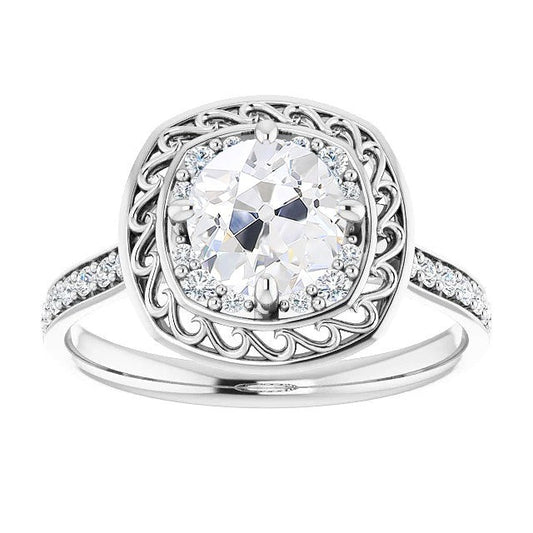 Halo Round Real Old Cut Diamond Ring With Accents White Gold 4.50 Carats