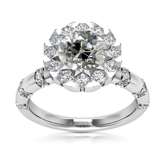 Halo Round Real Old Mine Cut Diamond Ring 5.25 Carats Flower Style