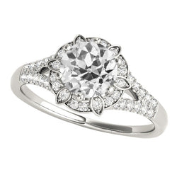 Halo Round Ring Real Old Miner Natural Earth Mined Diamonds Split Shank 14K Gold 4.25 Carats