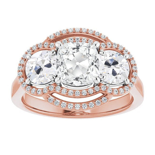 Halo Round & Cushion Real Old Cut Diamond Ring Prong Set 11.50 Carats