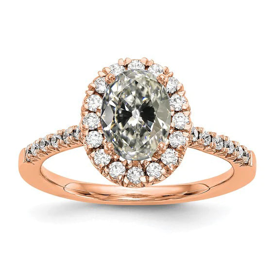 Halo Round & Oval Old European Real Diamond Ring 4 Carats Rose Gold