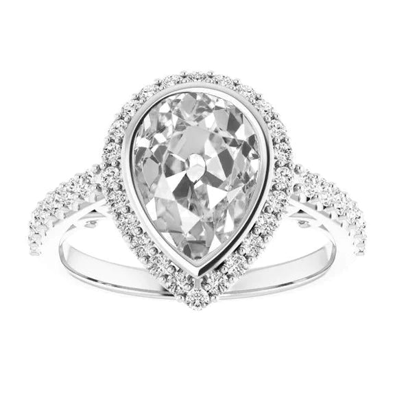 Halo Round & Pear Old Mine Cut Genuine Diamond Ring Bezel Set 6.75 Carats