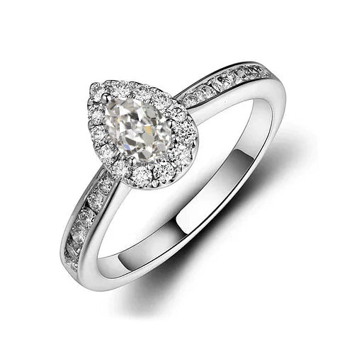 Halo Round & Pear Old Mine Cut Real Diamond Ring Tapered Shank 2.50 Carats