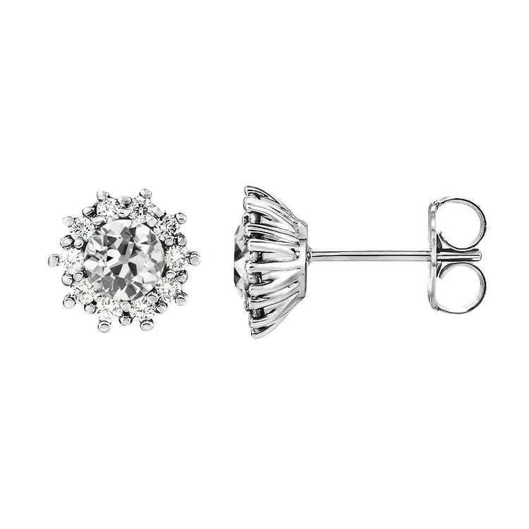 Halo Stud Earrings 4 Carats Old Miner Real Diamond Flower Style Push Backs