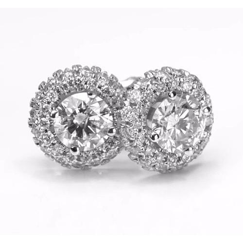 Halo Style Round Natural Diamond Stud Earring 2.50 Carats White Gold 