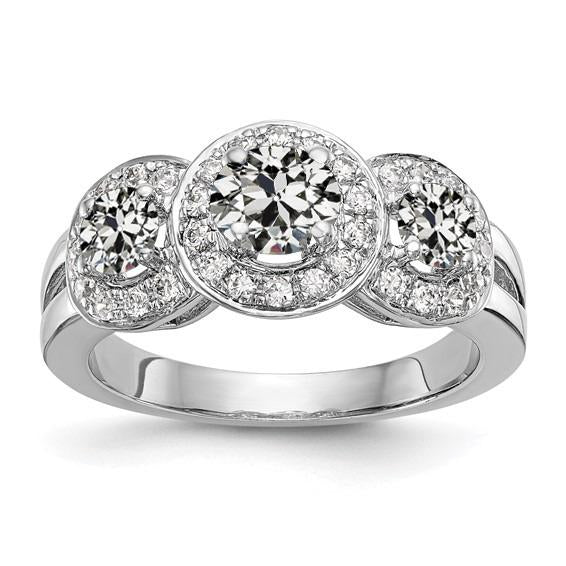 Halo Wedding Ring Round Old Cut Genuine Diamond 3 Stone Style 4.25 Carats