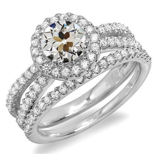 Halo Wedding Ring Set Round Old Cut Real Diamond White Gold 6.50 Carats