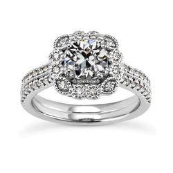 Halo Wedding Ring Set Round Old Mine Cut Natural Earth Mined Diamond Flower Style 5 Carats