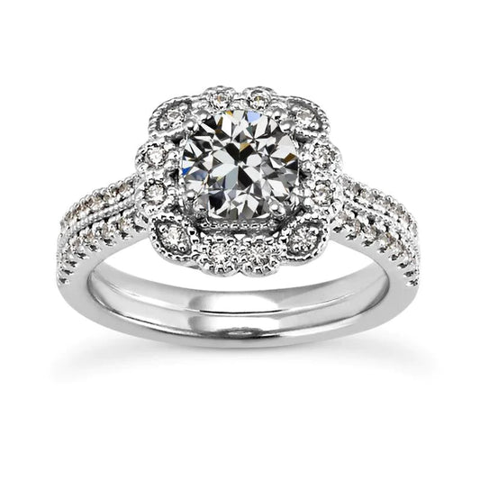 Halo Wedding Ring Set Round Old Mine Cut Natural Diamond Flower Style 5 Carats