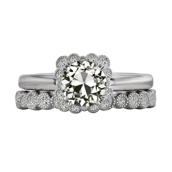 Halo Wedding Ring Set Round Old Mine Cut Real Diamond 4 Carats Milgrain