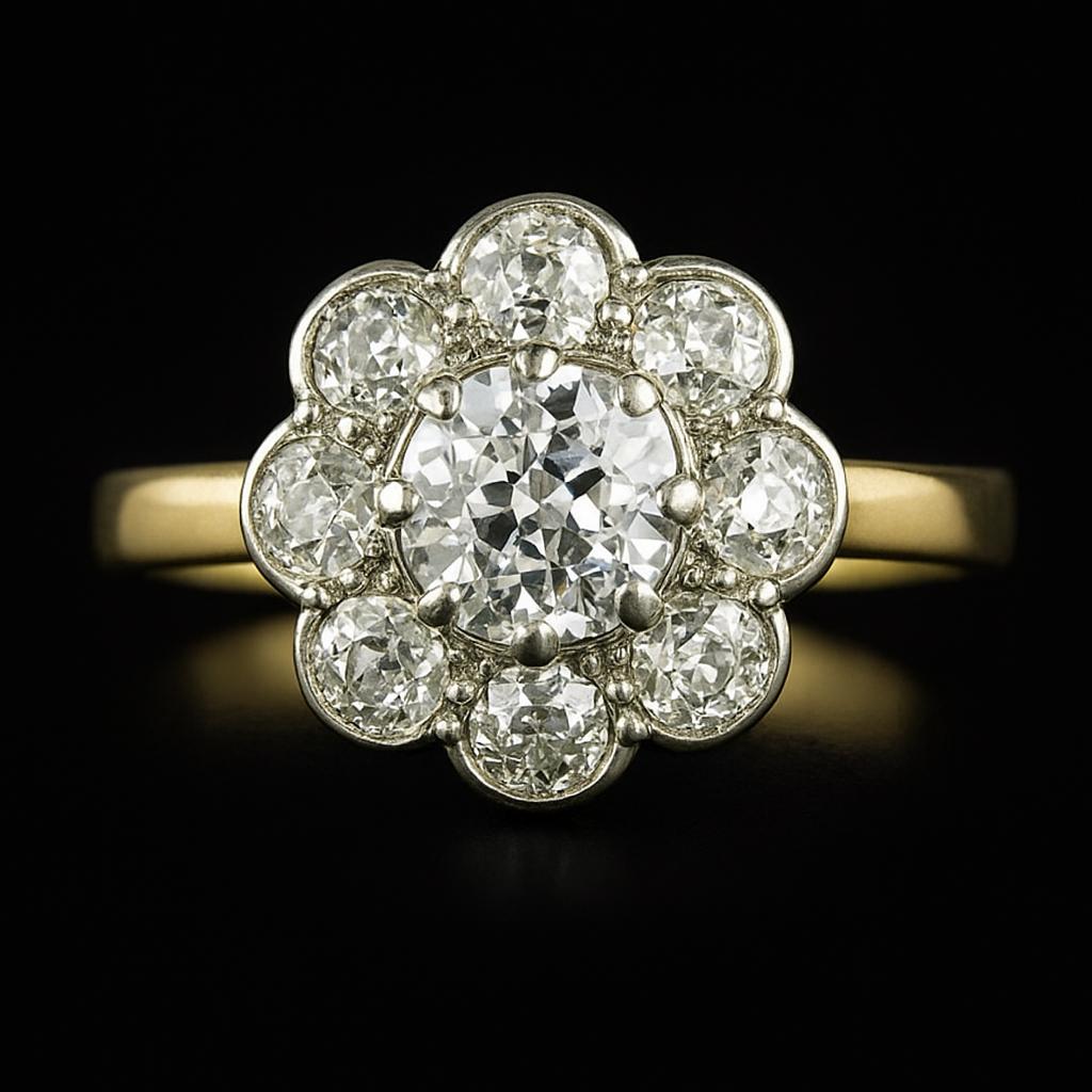 Halo Old Mine Cut Genuine Natural Earth Mined Diamond Ring Two Tone Flower Style Jewelry 3 Carats