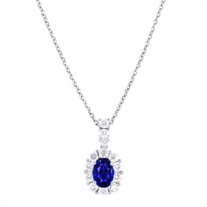 Fine Sapphire Oval Stone Pendant Necklace in 14 Karat White Gold – main view