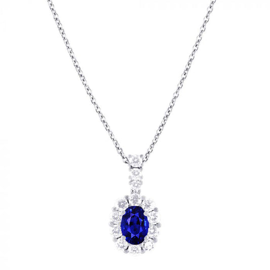 Fine Sapphire Oval Stone Pendant Necklace in 14 Karat White Gold – main view