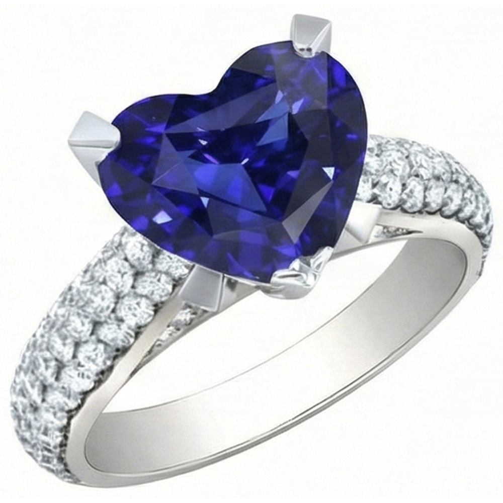Heart Blue Sapphire Natural Earth Mined Diamond ( Not Lab Grown ) Ring 5 Carats White Gold Jewelry