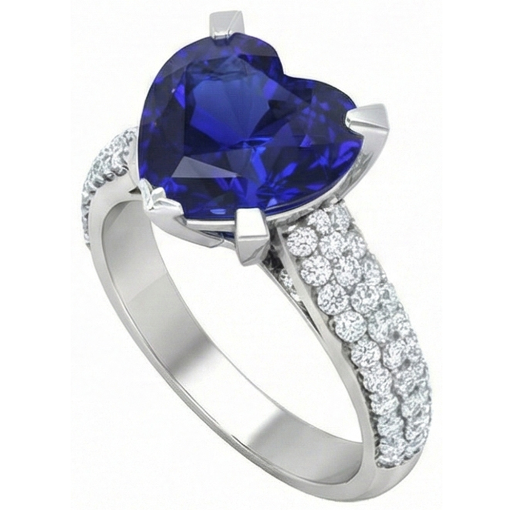 Heart Blue Sapphire Natural Earth Mined Diamond ( Not Lab Grown ) Ring 5 Carats White Gold Jewelry