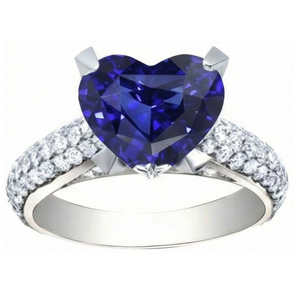 Heart Blue Sapphire Natural Earth Mined Diamond ( Not Lab Grown ) Ring 5 Carats White Gold Jewelry