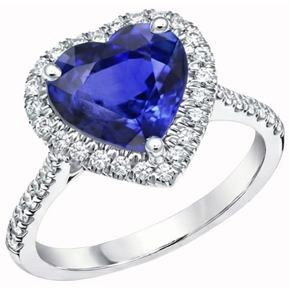 Heart Ceylon Sapphire Round Natural Earth Mined Diamond ( Not Lab Grown ) s Ring 4 Ct White Gold 14K